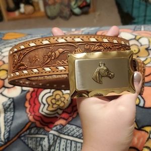 Vintage Hand Tooled buck stitch leather belt